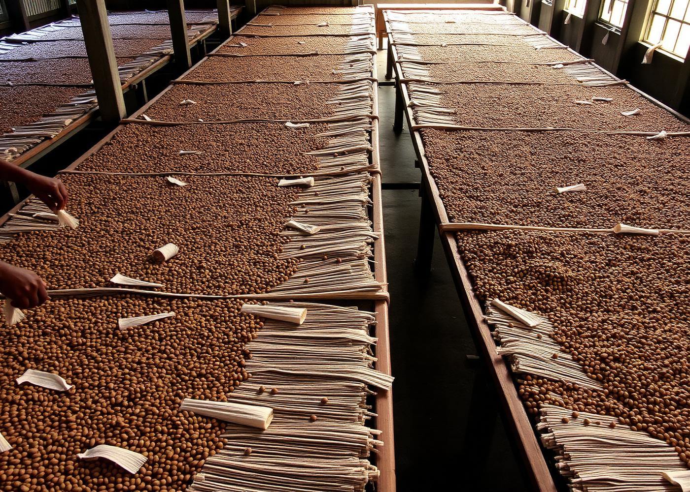 Coffee parchment drying on raised tables at a Kenyan wet mill