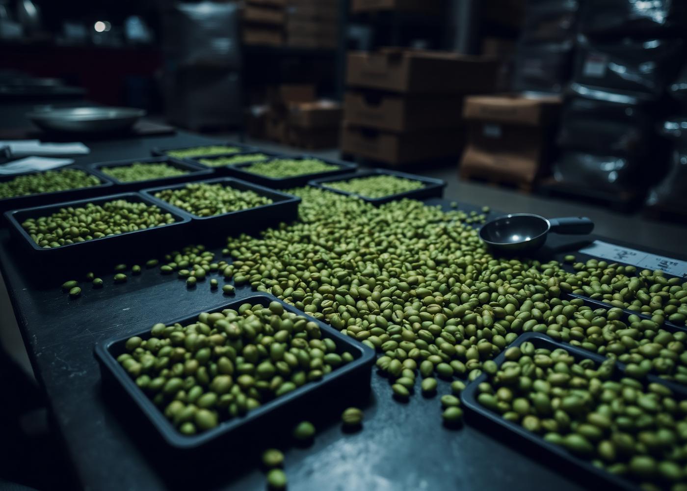 Green coffee samples laid out for grading and evaluation